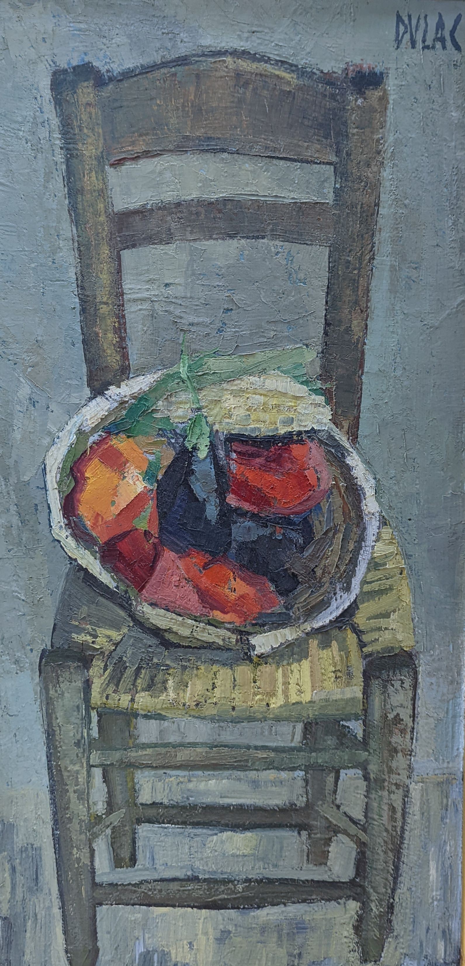 Dulac, oil on canvas, Still life of fruit in a bowl upon a chair, signed, 79 x 39cm